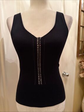 VTG "DS" BCBG MaxAzria Dark Black V-Neck Fine Knit Top Crochet/Beads Detailing